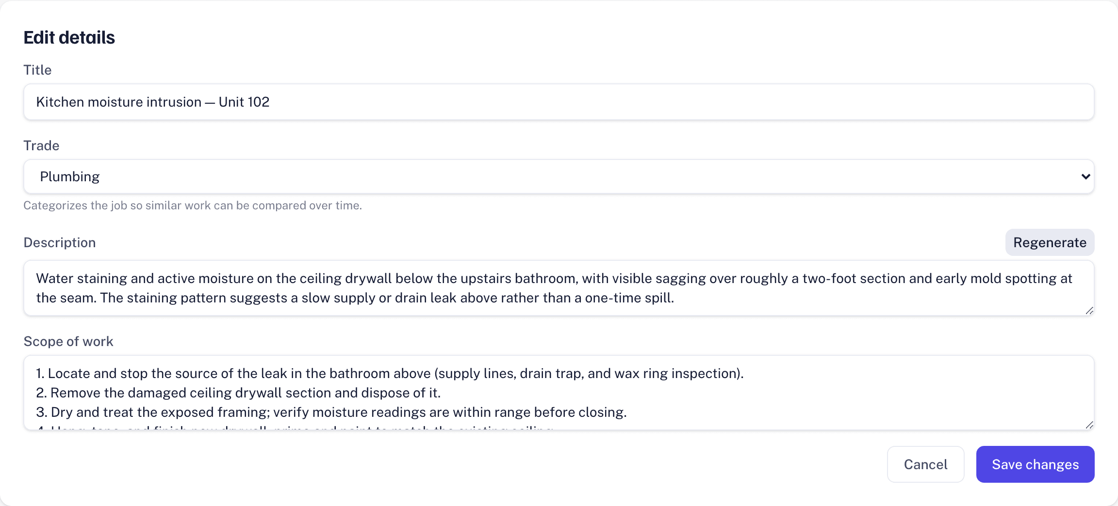 AI-drafted job description in the 50RH app: description, scope of work, and suggested trade, ready to review before sending for bids