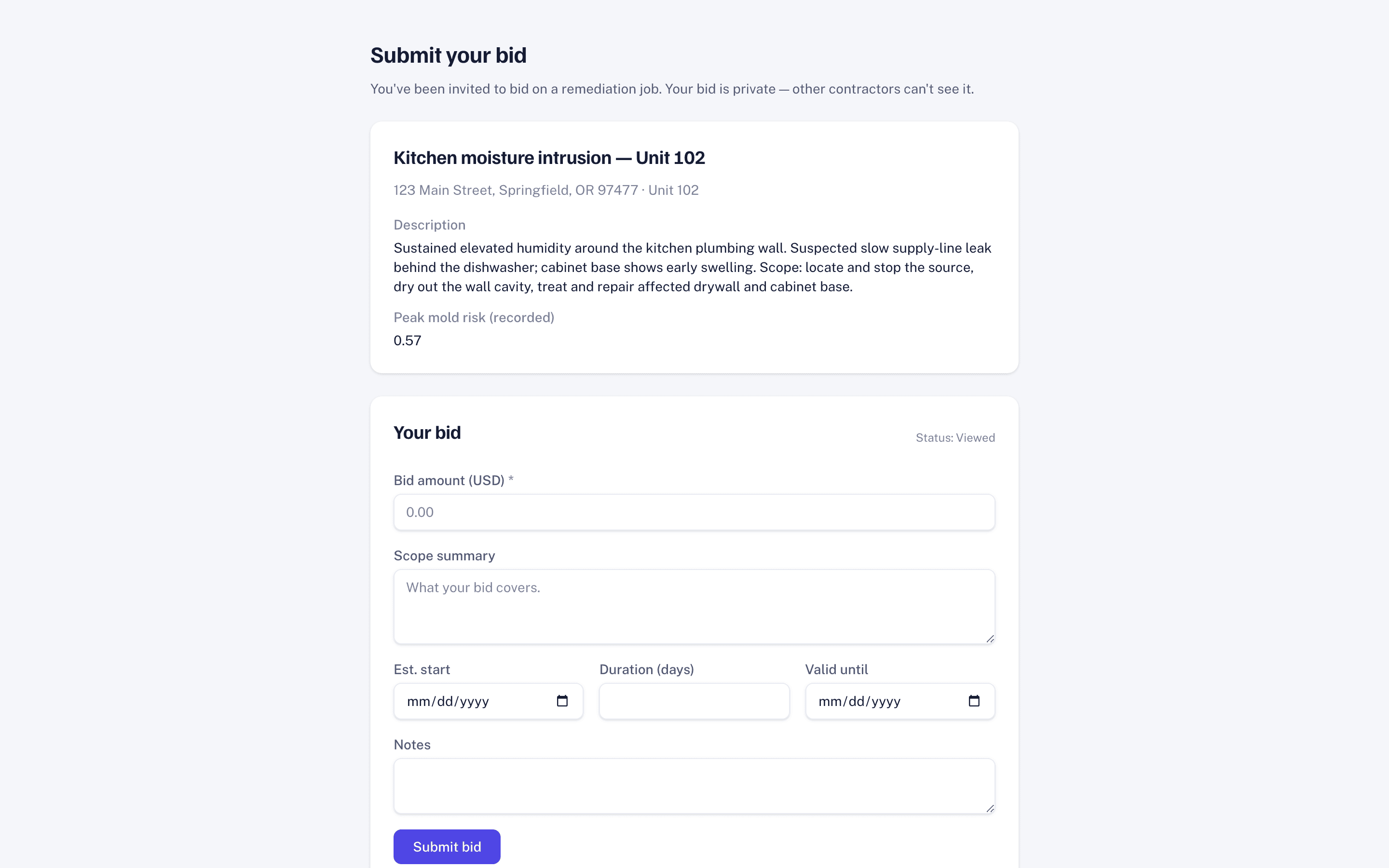 The public page where an invited contractor submits a sealed bid — no login, no app