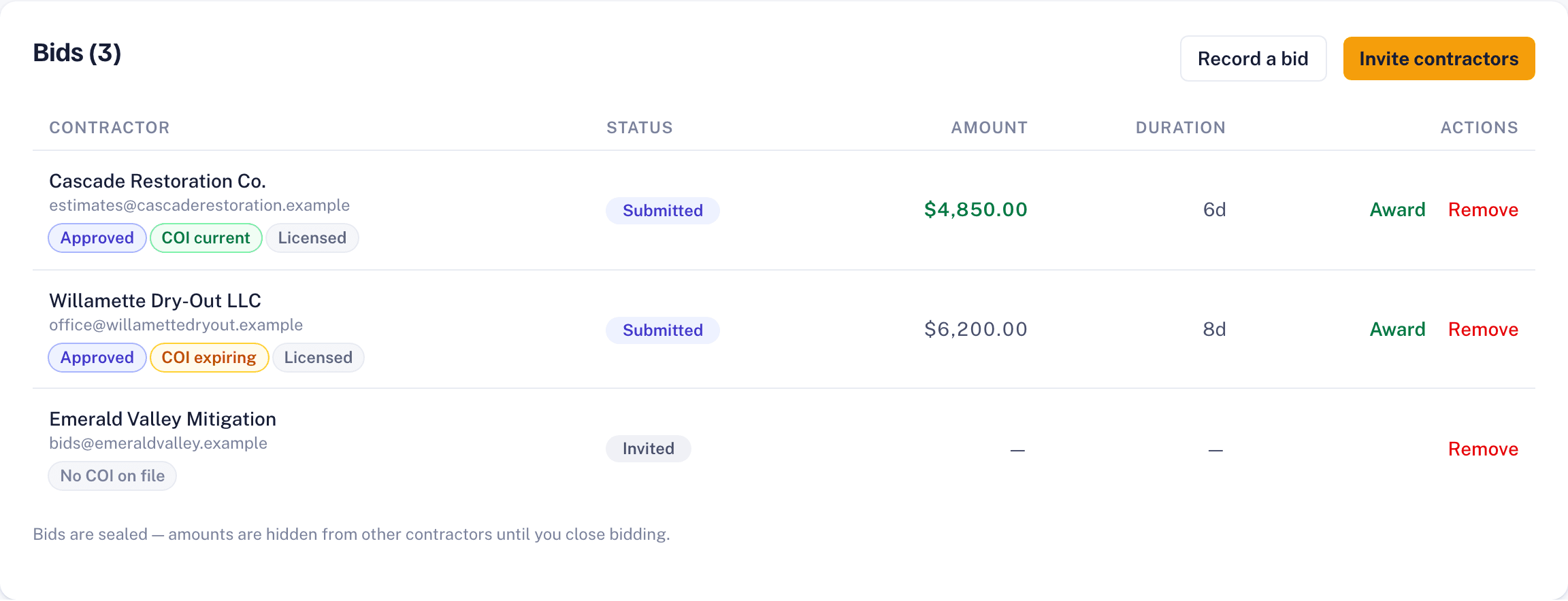 Sealed bid comparison in the 50RH app: three contractors with amounts, duration, and status