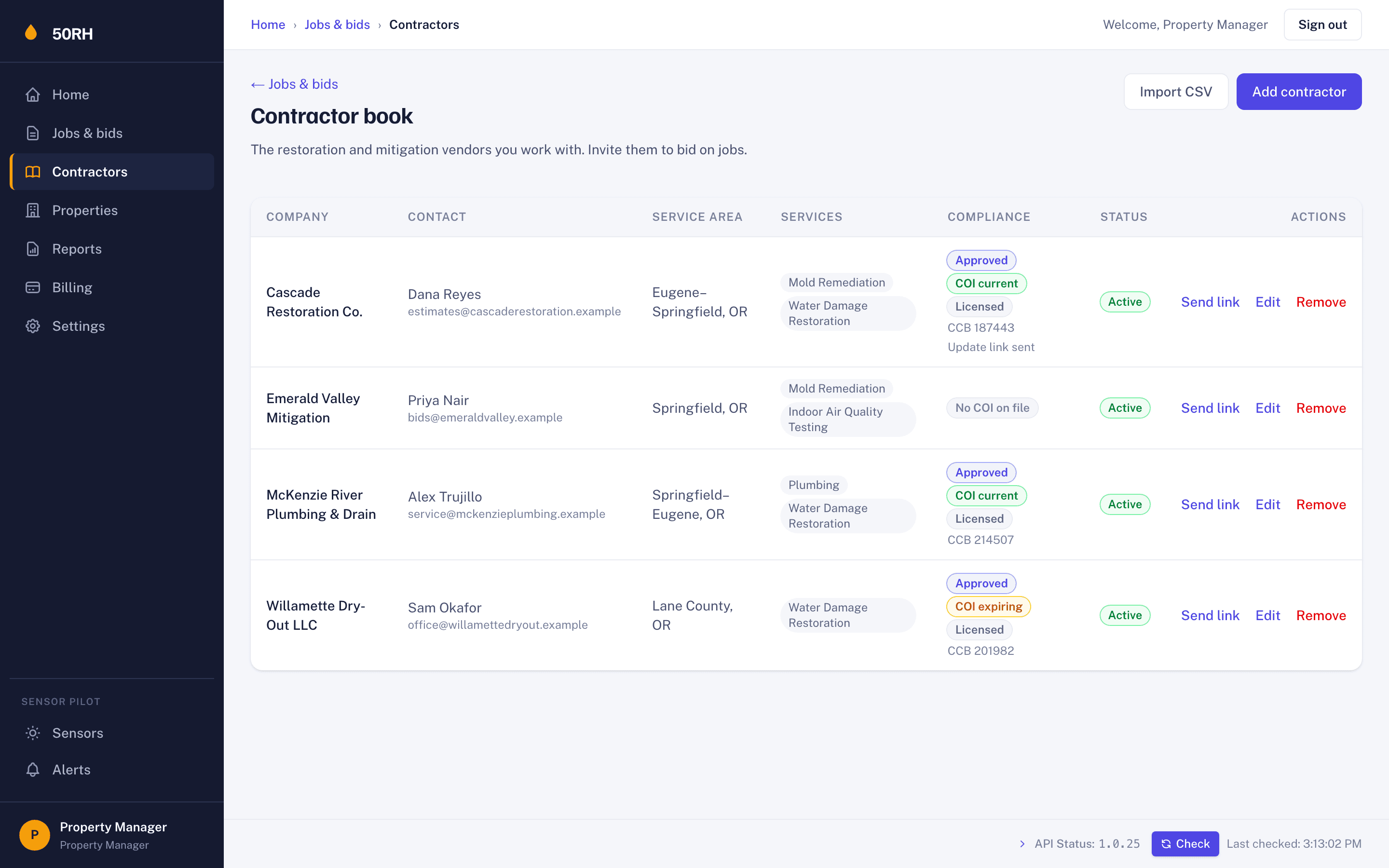 Contractor book in the 50RH app showing vendors with compliance and status chips