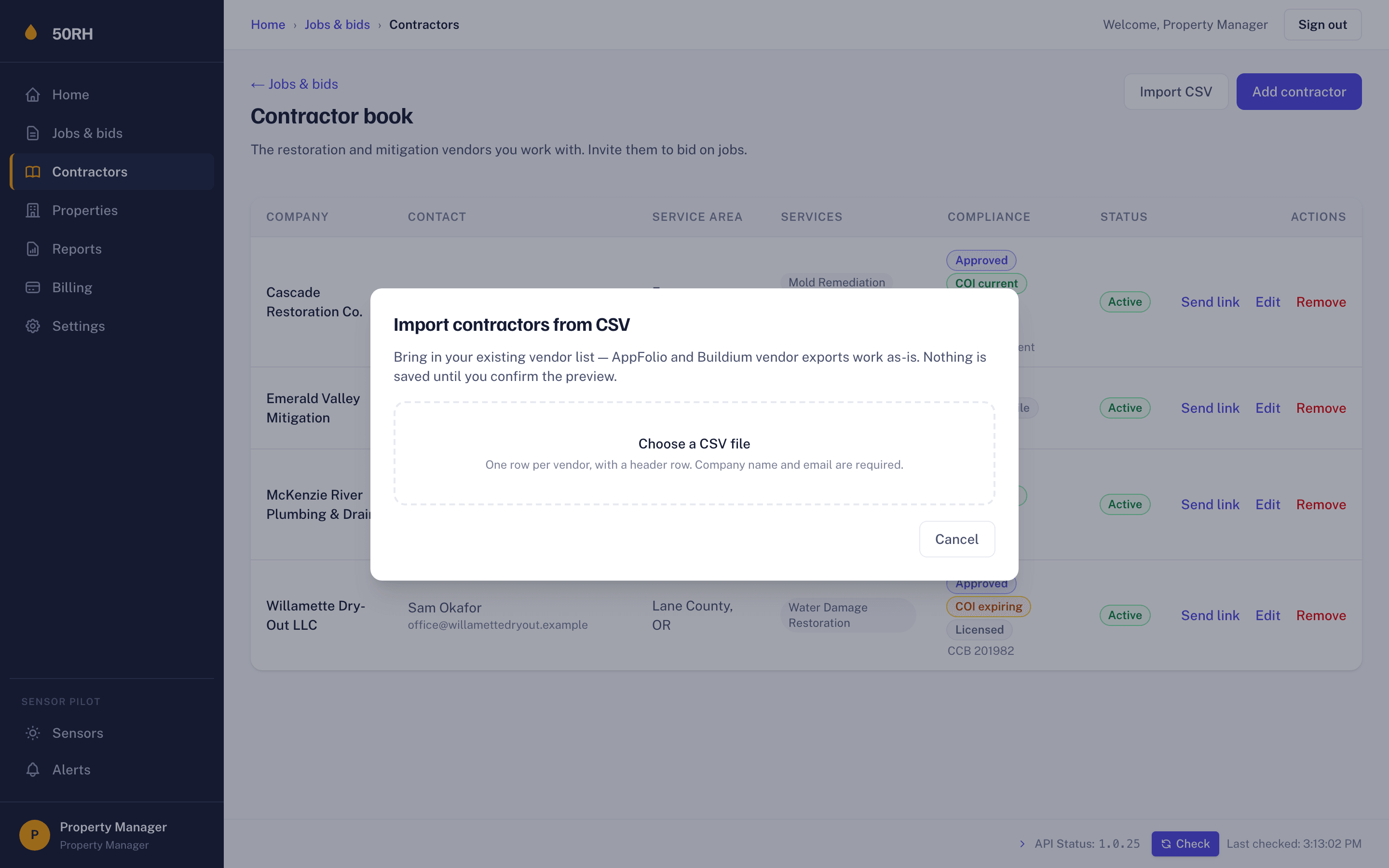 CSV import wizard in the 50RH app for bringing in an AppFolio or Buildium vendor export