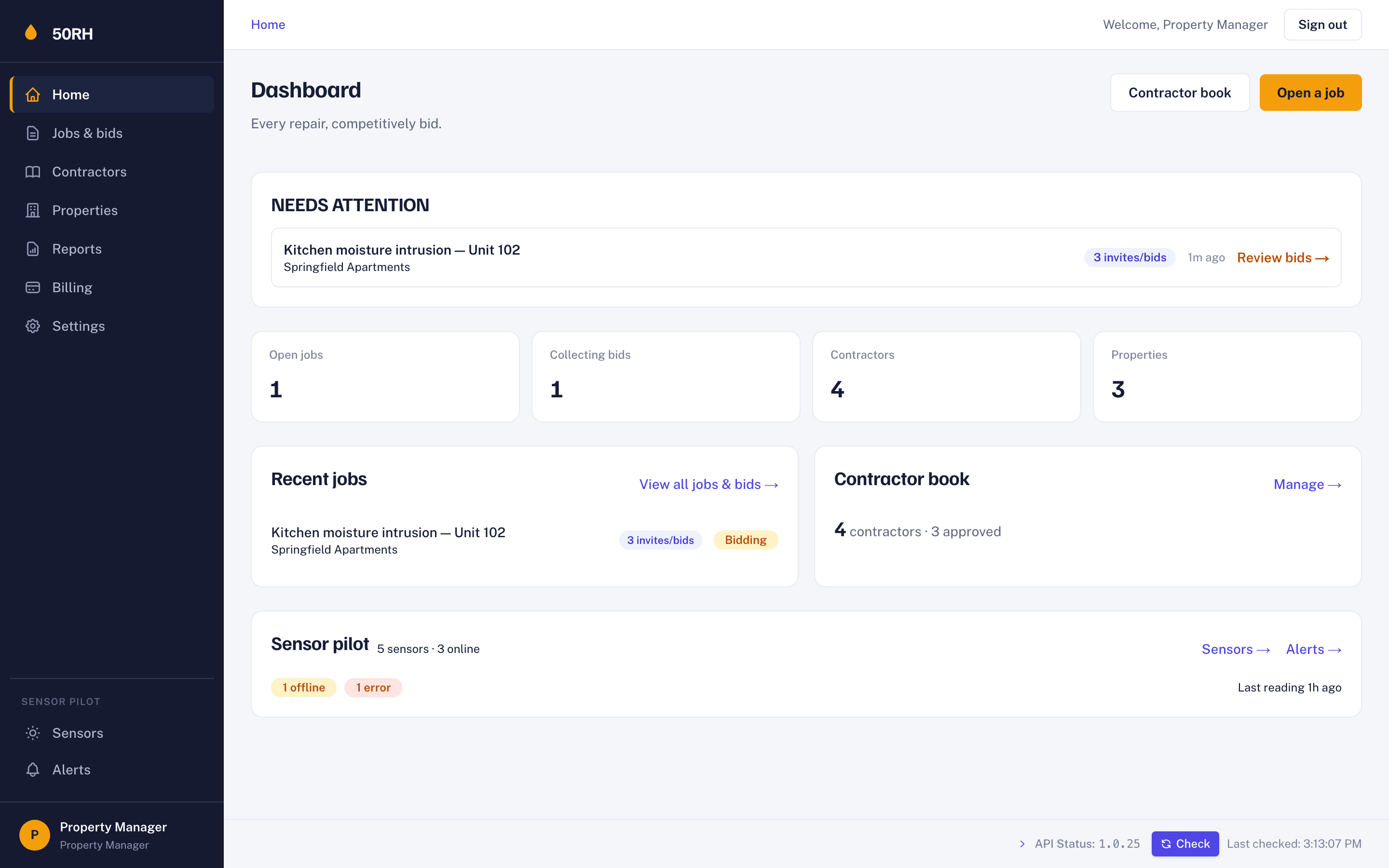 50RH dashboard with jobs needing attention, summary tiles, recent jobs, and the contractor book