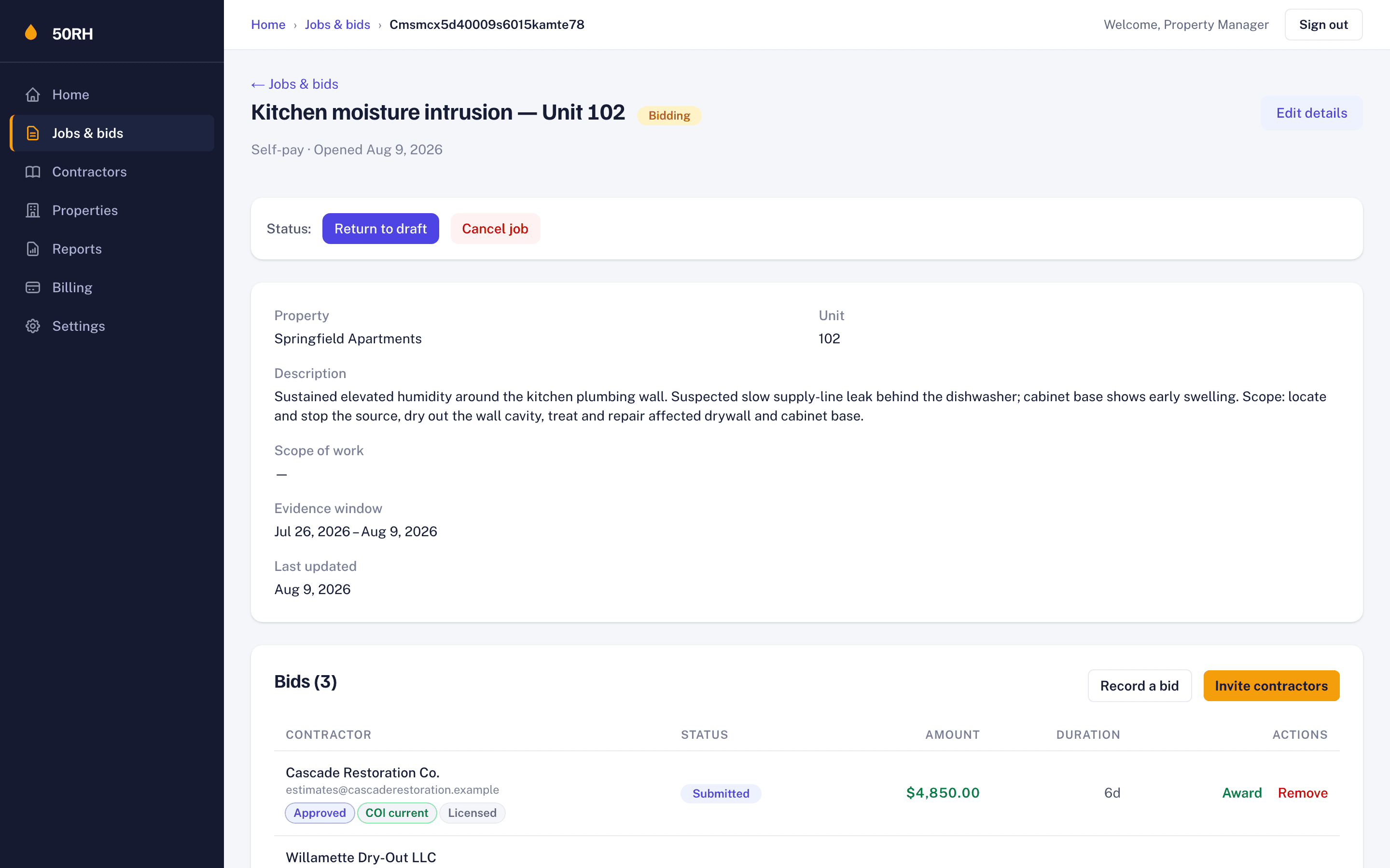 Job detail in the 50RH app with sealed bids, status actions, and the evidence window
