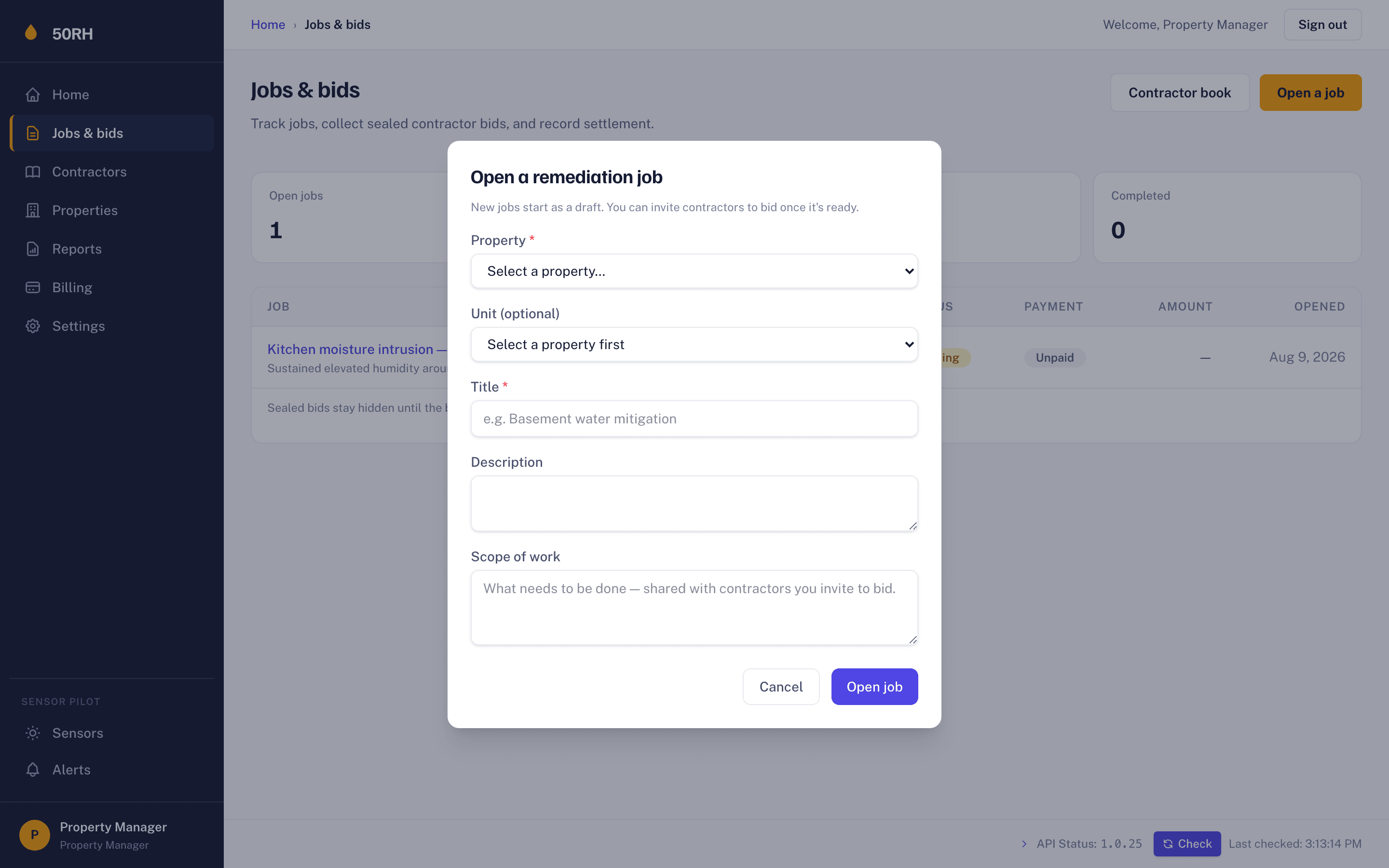 Opening a new remediation job in the 50RH app — jobs start as free drafts