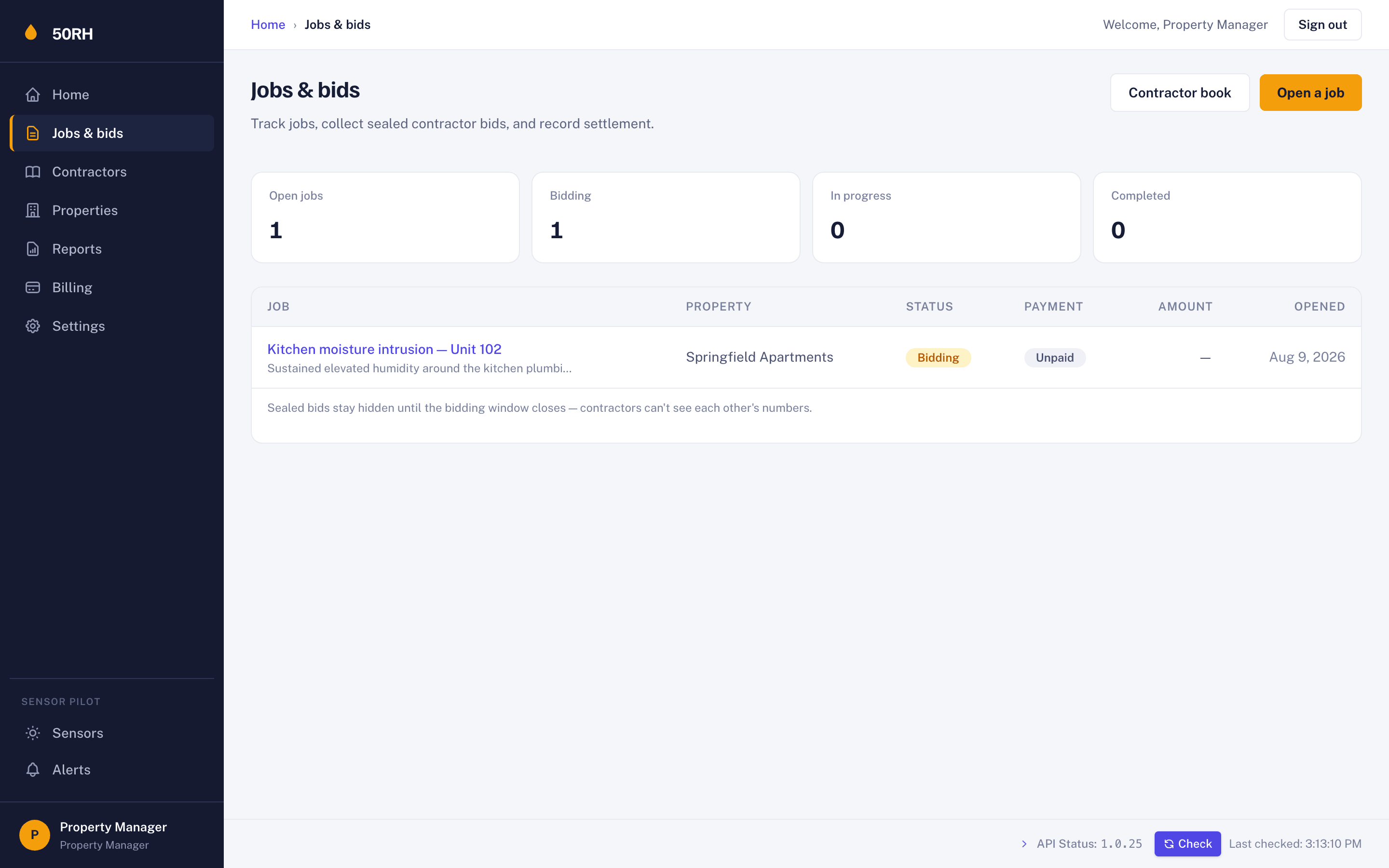 Jobs & bids list in the 50RH app with a job collecting sealed bids