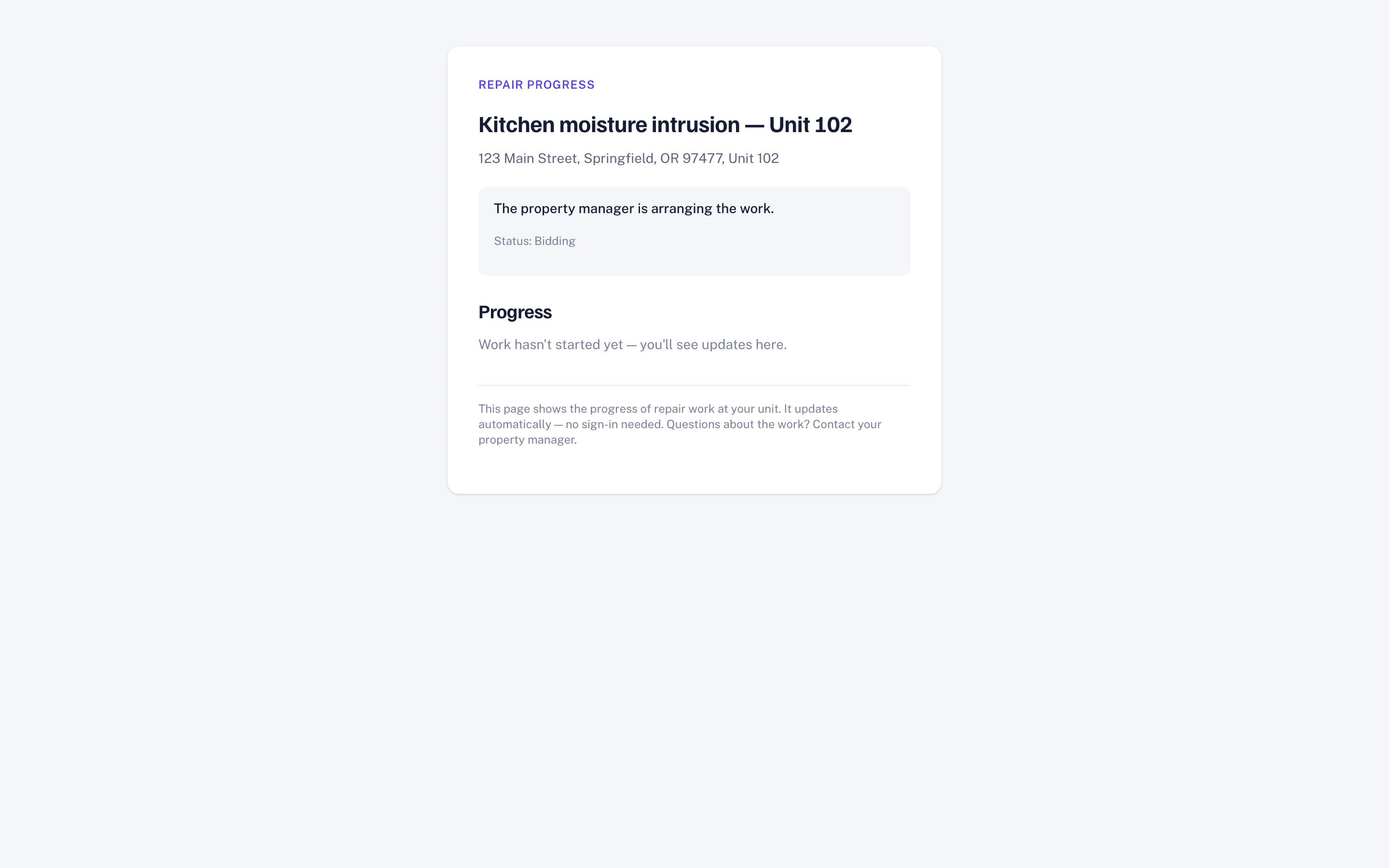The emailed page where a resident follows their repair — milestones and completion only, no login