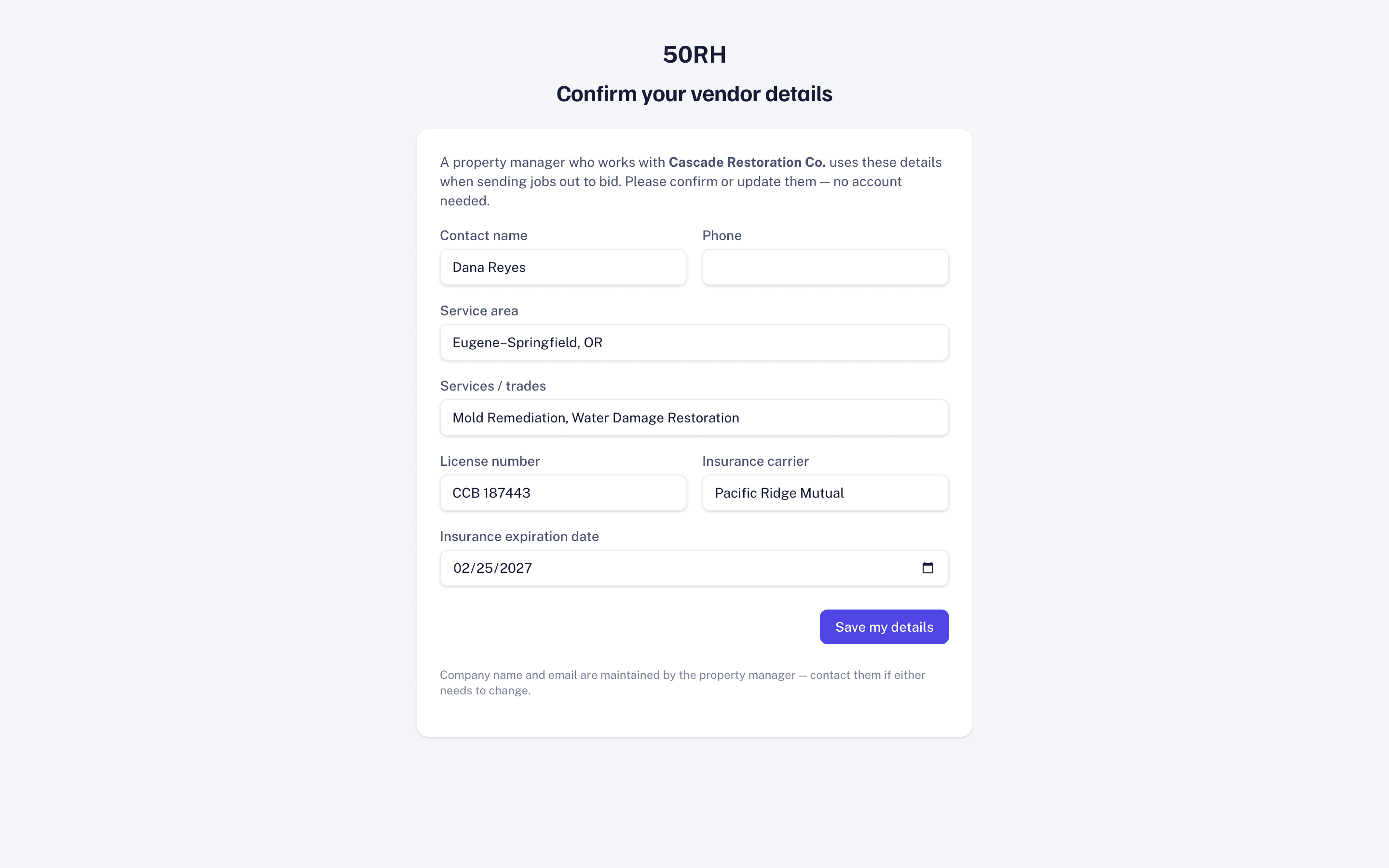 The public page where a vendor confirms their own contact, license, and insurance details